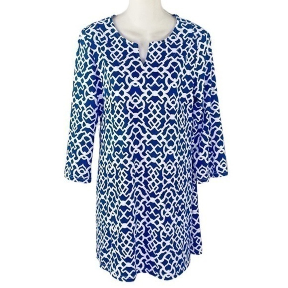 Barbara Gerwit Blue White Printed Notch Neck 3/4 Sleeve Tunic Top XL B22